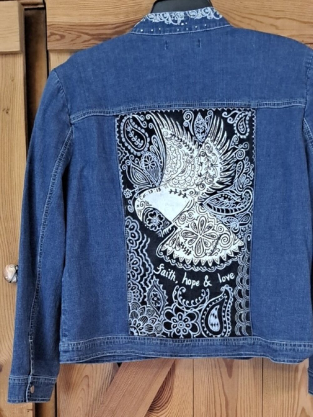 Hand Painted Denim Jacket with Embroidered Design - Picture 5 of 12